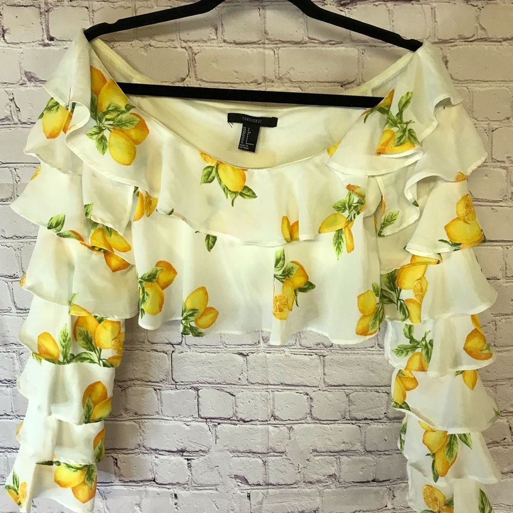 Forever 21 Lemon Ruffle Off Shoulder Crop Top Ruffled Long Sleeves Pop Art Small